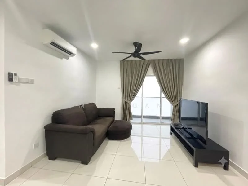 Living features: brown fabric sofa, round ottoman, black TV console, wall-mounted flat-screen TV, white painted walls, glossy white tile flooring, 5-blade ceiling fan with light, floor-to-ceiling windows with sheer curtains, recessed LED downlights; style: modern.