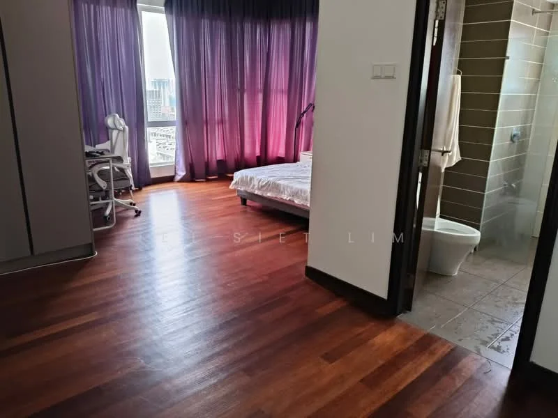 Bedroom features: wooden flooring, purple sheer curtains, queen-size bed with white bedding, desk with chair, floor-to-ceiling windows, built-in wardrobe, wall-mounted lamp; style: modern; view: city. Bathroom features: one-piece toilet, glass shower enclosure, wall-mounted showerhead, tile cladding, towel rail; style: modern.
