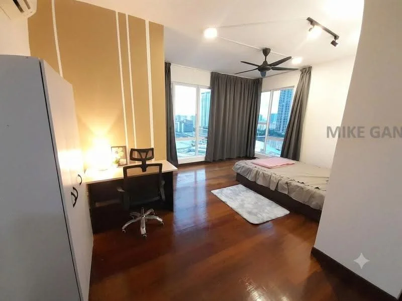 Bedroom features: wooden flooring, white painted walls, accent wall with vertical stripes, floor-to-ceiling windows, grey curtains, queen-size bed, upholstered headboard, study desk with chair, ceiling fan with light, area rug, built-in wardrobe; style: modern; view: city.
