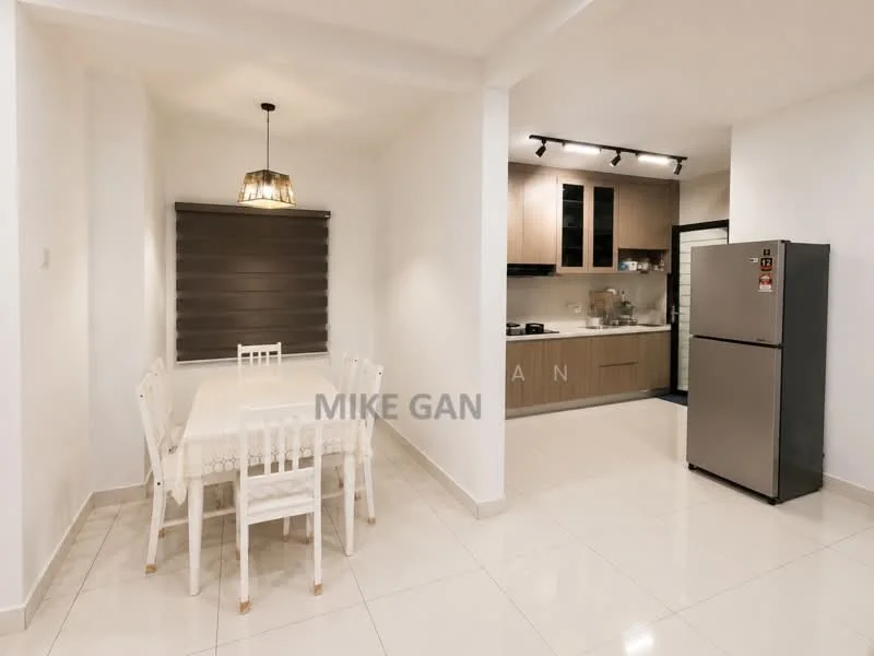 Dining features: white dining table, 6 white dining chairs, pendant light fixture, white walls, tile flooring, window with roller blinds; style: modern. Kitchen features: stainless-steel fridge, built-in kitchen cabinets, countertop with sink, gas stove, oven, kitchen hood, recessed downlights; style: modern.
