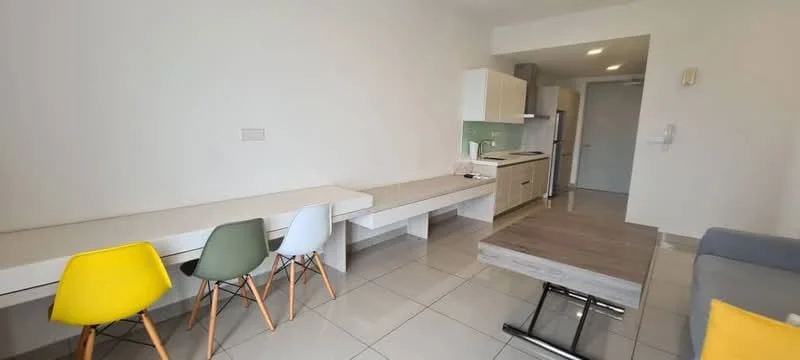 Living features: grey fabric sofa, coffee table with wooden top, white walls, tile flooring, built-in kitchen cabinetry, stainless-steel fridge, kitchen countertop, dining table with attached seating, three dining chairs in yellow, green, and wood, recessed lighting; style: modern.