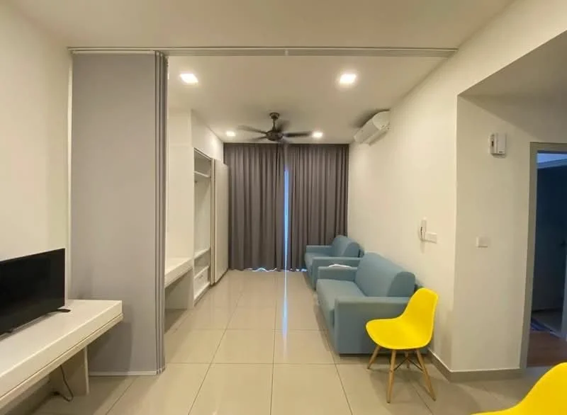 Living features: light grey fabric sofa, 2-seater sofa, yellow plastic chair, white TV console, wall-mounted TV, recessed LED downlights, ceiling fan, grey curtains, glossy tile flooring, white painted walls, air conditioning unit; style: modern.