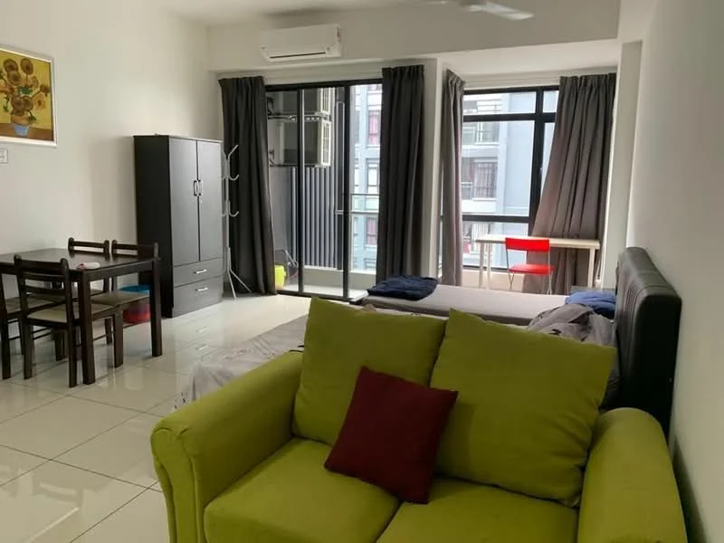 Living features: green fabric sofa, red decorative cushion, white tiled flooring, floor-to-ceiling windows, blackout curtains, ceiling fan, wall-mounted split AC, dining table with four chairs, black wardrobe, wooden desk with chair, bed with blue bedding; style: modern.