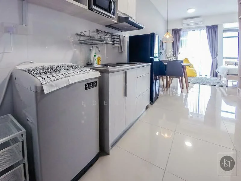 Kitchen features: grey cabinetry, stainless-steel sink, chrome pull-down faucet, built-in microwave, freestanding fridge, washing machine, ceramic tile flooring, white walls, recessed downlights, open shelving, kitchen countertop, kitchen utensils rack, window with sheer curtains; style: modern. Living features: dining table with chairs, sofa, floor-to-ceiling windows, air conditioning unit, decorative plants, light fixture, area rug; style: modern.