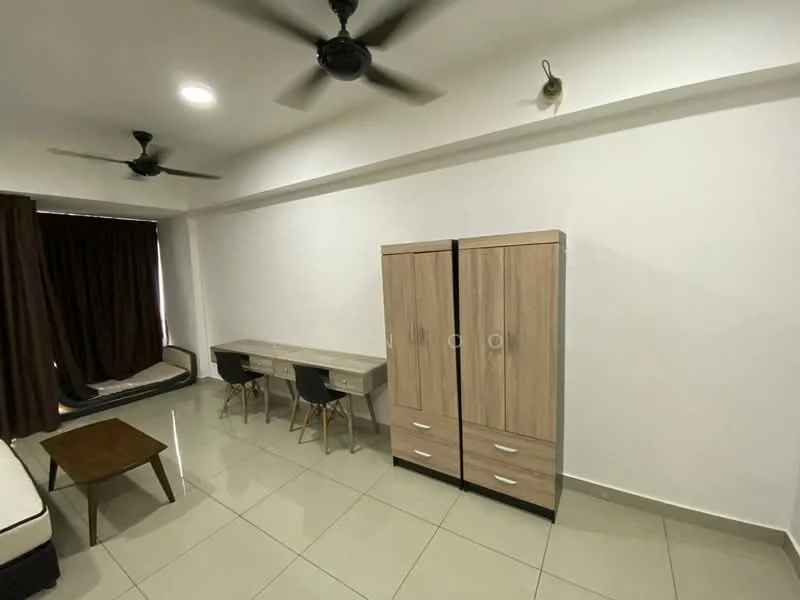 Room features: white painted walls, tile flooring, 2 ceiling fans, large window with brown curtains, wooden wardrobe with 2 doors, desk with 2 black chairs, small wooden coffee table, bed frame without mattress; style: modern.