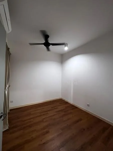 Room features: white painted walls, wooden flooring, 5-blade ceiling fan with light, curtains, light fixture.