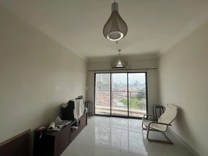Living features: white painted walls, glossy tile flooring, 5-blade ceiling fan with light, large floor-to-ceiling windows, blackout curtains, TV console, armchair, decorative light fixture; style: modern; view: city.