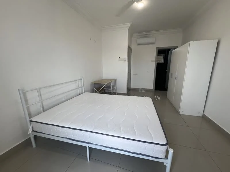 Bedroom features: white painted walls, grey tiled flooring, single bed frame with mattress, ceiling fan, wall-mounted air conditioning unit, wooden bedside table, built-in wardrobe with sliding doors; style: minimalist.
