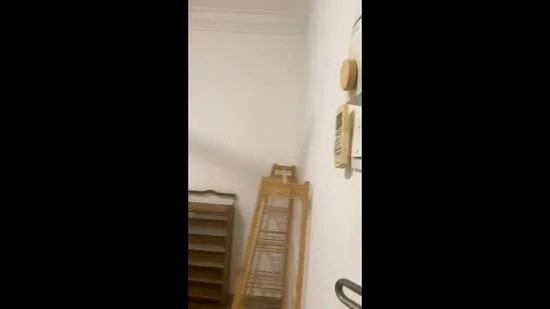 Room features: white painted walls, wooden shelving unit, intercom system.