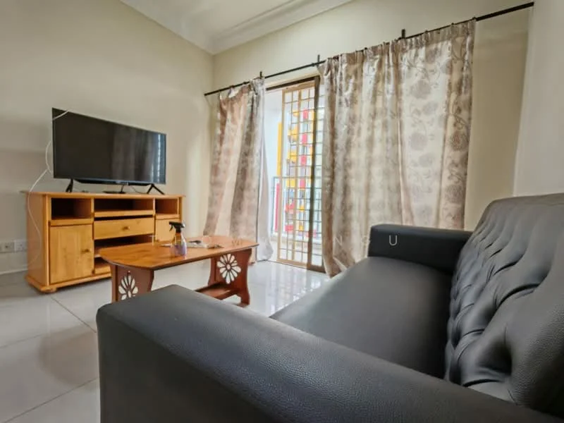 Living features: black leather sofa, wooden coffee table, TV console in light wood, wall-mounted flat-screen TV, floor-to-ceiling windows, sheer curtains, decorative patterned curtains, glossy white tile flooring, wall with light beige paint, decorative wall paneling; style: modern.