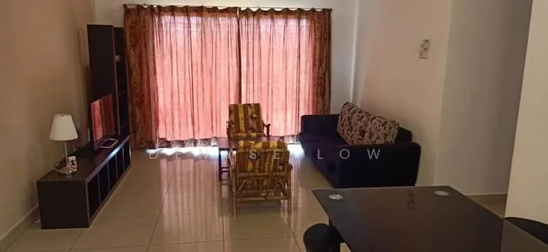 Living features: sofa in black fabric, armchair with yellow and brown pattern, coffee table, TV console, wall-mounted TV, floor-to-ceiling windows, sheer curtains in orange, tiles flooring, decorative wall with light color, lamp on side table; style: modern.