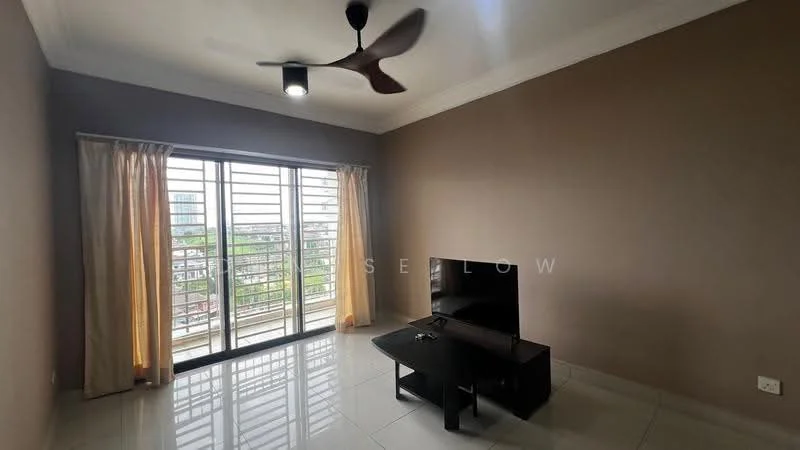 Living features: light grey painted walls, white ceiling, 5-blade ceiling fan with light, floor-to-ceiling windows, sheer curtains, sliding glass door, glossy ceramic tile flooring, black TV console, wall-mounted TV, coffee table; style: modern; view: city.