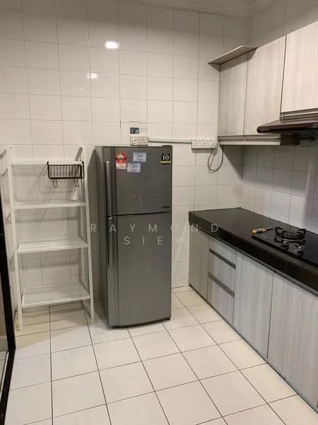 Kitchen features: stainless-steel fridge, black granite countertop, white cabinetry, built-in gas hob, white tiled walls, white tiled flooring, open shelving unit, single-bowl stainless-steel sink; style: modern.