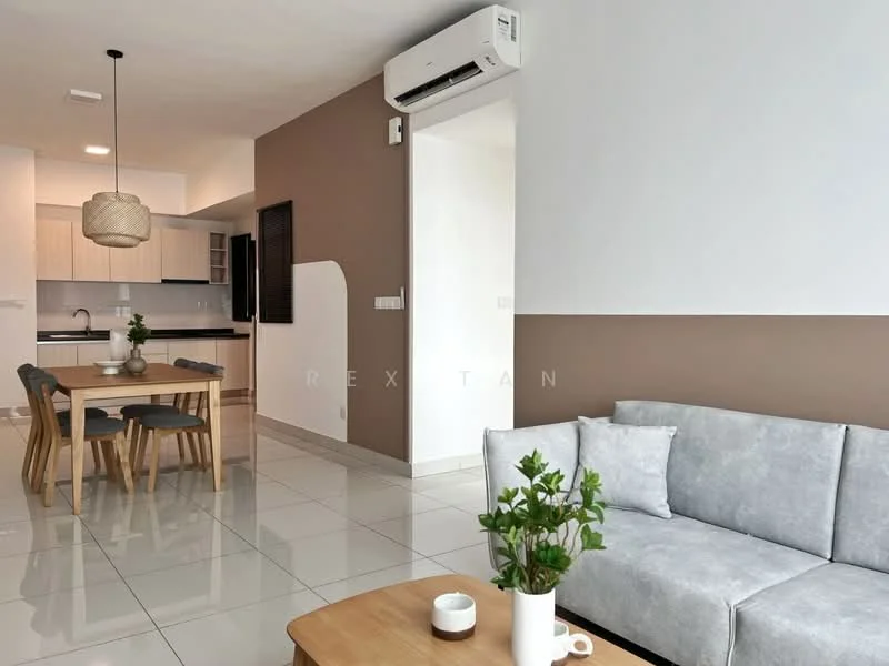 Living features: grey fabric sofa, wooden coffee table, decorative plant in ceramic pot, white walls, brown accent wall, recessed ceiling lights, wall-mounted air conditioning unit, tile flooring, area rug, decorative vase; style: modern. Dining features: 6-seater wooden dining table, wooden dining chairs, table setting with plates and cutlery, pendant light above dining table; style: modern. Kitchen features: white cabinetry, countertop with bar seating, stainless-steel sink, built-in appliances, tile backsplash; style: modern.