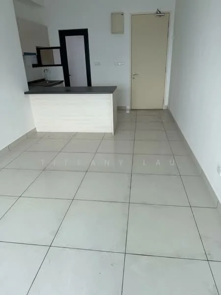Room features: white painted walls, tile flooring, kitchen island with countertop, single-bowl stainless-steel sink, kitchen cabinetry, door, window, light switch, wall-mounted electrical outlet; style: modern.
