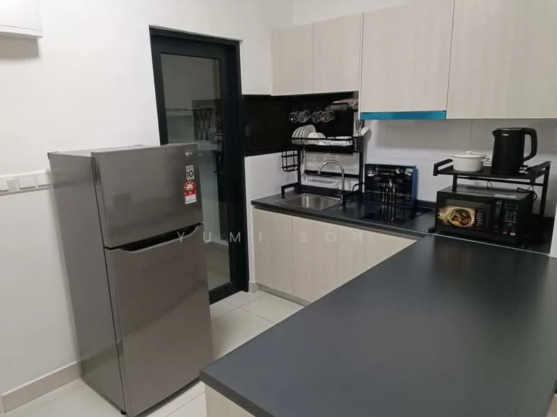 Kitchen features: stainless-steel fridge, black countertop, light wood cabinetry, built-in sink, chrome faucet, microwave, kitchen utensils on rack, black window frame, white tiled flooring, black dish rack; style: modern.