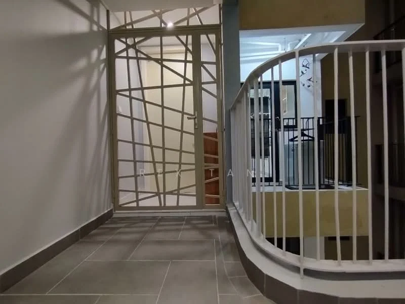 Room features: grey tiled flooring, white painted walls, decorative metal railing, glass door with geometric pattern, staircase visible in background, open space layout, ceiling lights; style: modern.