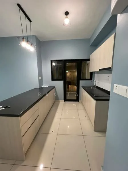 Kitchen features: light blue painted walls, white cabinetry with flat-panel design, black granite countertop, stainless-steel sink, chrome pull-down faucet, pendant lighting with three bulbs, large window with black frame, white tiled flooring, open layout, kitchen island with storage; style: modern.