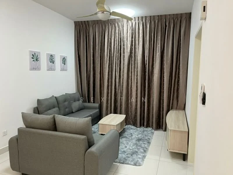 Living features: 3-seater fabric sofa in grey, 2-seater fabric sofa in grey, wood coffee table, area rug in light grey, wall-mounted TV console, decorative wall art with plant motifs, floor-to-ceiling curtains in brown, ceiling fan with light; style: modern.