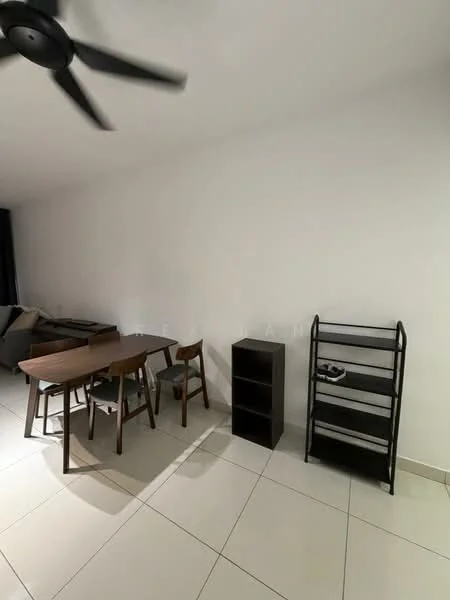 Dining features: rectangular wooden dining table, 4 wooden dining chairs, black open shelving unit, white painted walls, light-colored tile flooring, ceiling fan, minimalist decor; style: modern.