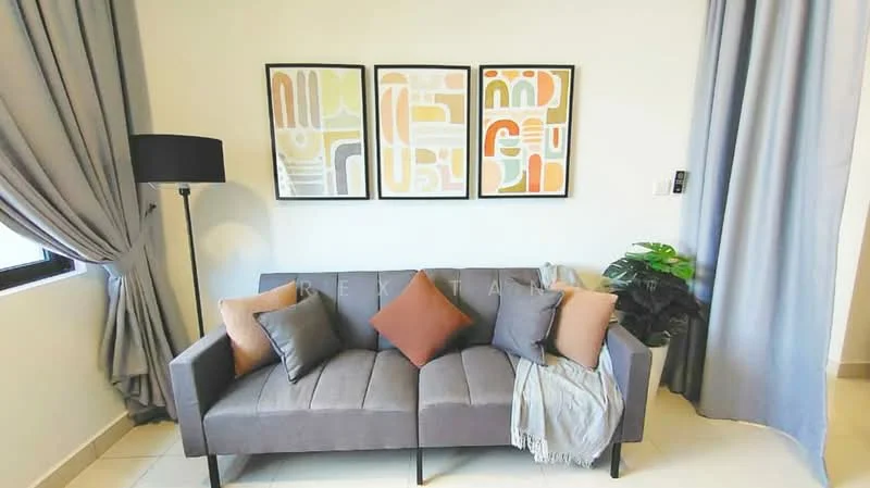 Living features: grey fabric sofa, decorative cushions in orange and brown, framed artwork on wall, light grey throw blanket, floor lamp with black shade, curtains in light grey, tile flooring, indoor plant in ceramic pot, white painted walls; style: modern.