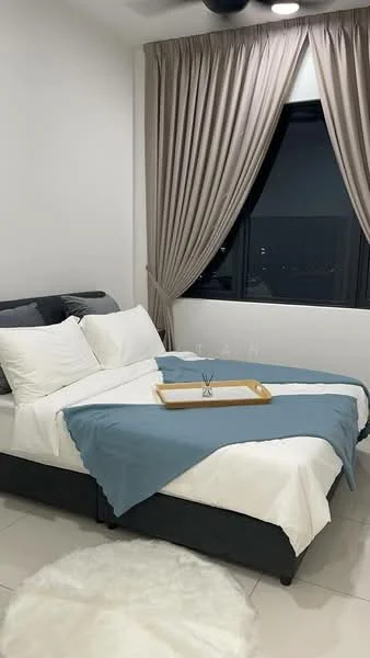 Bedroom features: king-size bed, upholstered headboard, white bedding, blue throw blanket, 2 white pillows, floor-to-ceiling window, sheer curtains, dark grey bed frame, white tile flooring, ceiling fan with light, decorative tray on bed; style: modern; view: city.