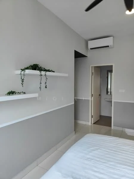 Bedroom features: white painted walls, grey accent wall, shelves with decorative plants, wall-mounted air conditioning unit, floor-to-ceiling mirror, tile flooring, door leading to bathroom, ceiling fan; style: modern.