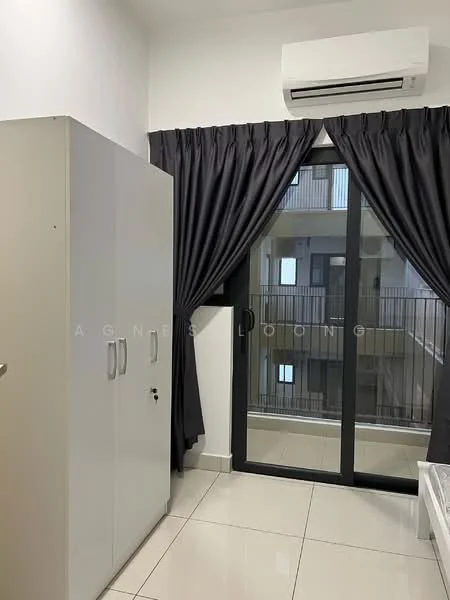 Room features: white wardrobe with sliding doors, blackout curtains, floor-to-ceiling windows, air conditioning unit, glossy tile flooring; style: modern.