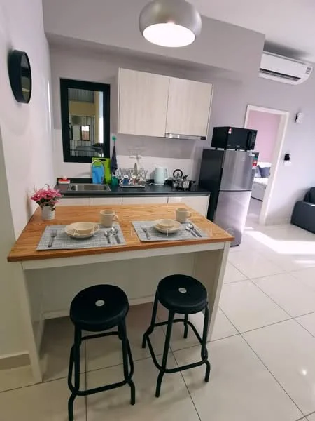 Kitchen features: white cabinetry, wood countertop, stainless-steel fridge, built-in oven, ceramic cooktop, single-bowl stainless-steel sink, chrome pull-down faucet, wall-mounted split AC, pendant light, tile flooring, kitchen island with seating, decorative plants, dinnerware on the countertop; style: modern.