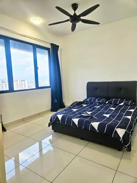 Bedroom features: king-size bed with upholstered headboard, blue and white patterned bedding, floor-to-ceiling windows, blackout curtains, white painted walls, glossy tile flooring, 5-blade ceiling fan, nightstand, decorative wall art; style: modern; view: city.