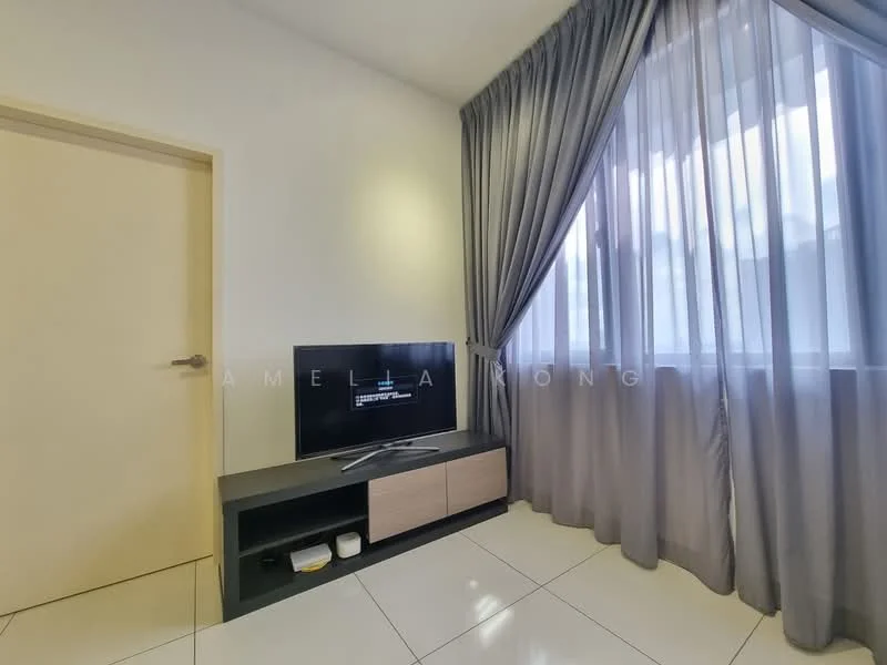 Living features: white painted walls, grey curtains, floor-to-ceiling windows, TV on console, black TV console with wood accents, glossy tile flooring, natural light from window, minimalist decor; style: modern.