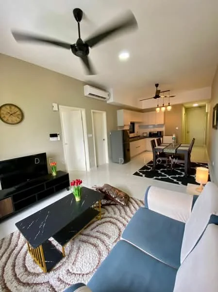 Living features: 3-seater fabric sofa in blue and cream, coffee table with black marble top, area rug with circular pattern, wall-mounted TV, TV console in dark wood, 5-blade ceiling fan with light, recessed downlights, decorative wall clock, potted flowers on coffee table, open-plan layout to dining and kitchen, white painted walls, white tiled flooring, air conditioning unit on wall; style: modern. Dining features: 6-seater dining table, upholstered dining chairs, pendant lighting above dining table; style: modern. Kitchen features: white cabinetry, stainless-steel fridge, built-in oven, 4-burner gas hob, kitchen island, white backsplash, recessed downlights; style: modern.