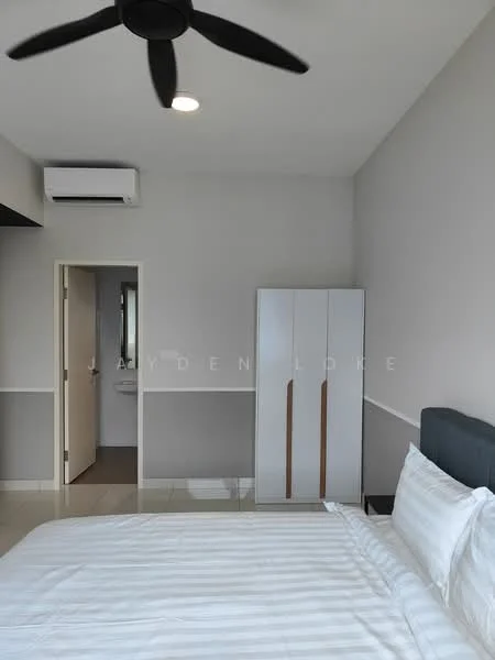 Bedroom features: king-size bed with white bedding, upholstered headboard, 2 bedside lamps, 5-blade ceiling fan with light, wall-mounted split AC, white painted walls, tile flooring, built-in wardrobe with white doors and wooden handles, window with natural light, door leading to bathroom, decorative wall trim; style: modern.