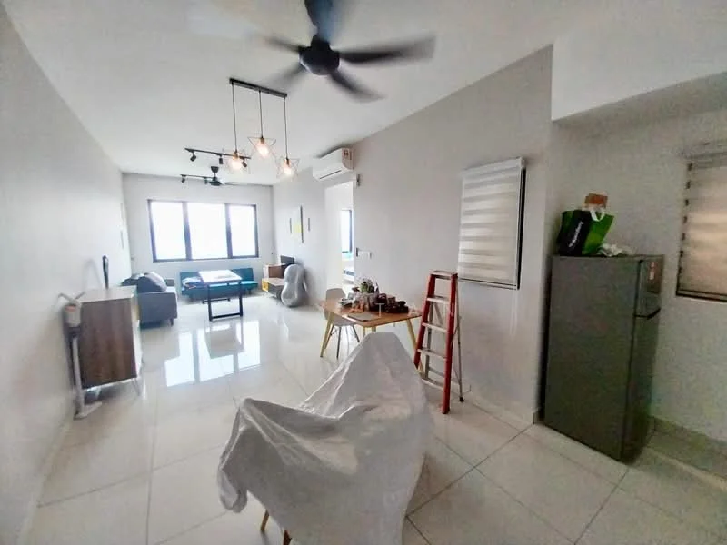 Living features: white painted walls, glossy white tile flooring, 5-blade ceiling fan with light, recessed downlights, large windows with roller blinds, sofa in dark color, coffee table, TV console, fridge in stainless steel, decorative ladder, dining table with chairs, houseplants in pots; style: modern; view: city.