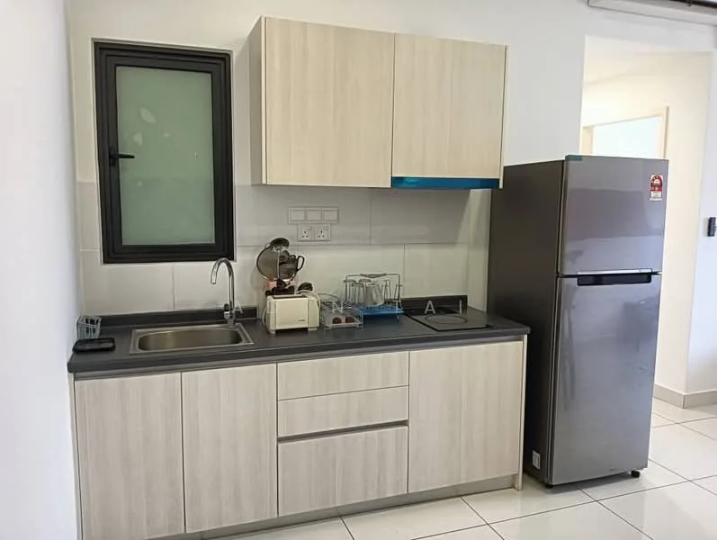 Kitchen features: light wood cabinetry, grey countertop, single-bowl stainless-steel sink, chrome pull-down faucet, built-in oven, toaster, glass-front upper cabinets, stainless-steel fridge, white tiled backsplash, white tiled flooring, window with black frame; style: modern.
