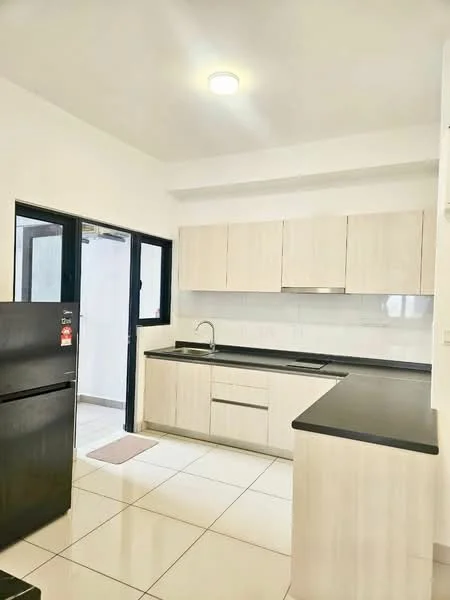 Kitchen features: white cabinetry, black countertop, single-bowl stainless-steel sink, chrome pull-down faucet, built-in oven, freestanding fridge in black, ceramic tile flooring, recessed downlights, wall-mounted cabinets, open shelving, window with black frame, kitchen island, neutral wall color; style: modern.