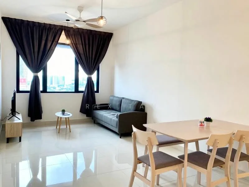 Living features: 3-seater fabric sofa in grey, coffee table, TV console, wall-mounted TV, dining table with 4 chairs, floor-to-ceiling windows, blackout curtains, ceiling fan with light, glossy tile flooring, decorative plant on table; style: modern; view: city.