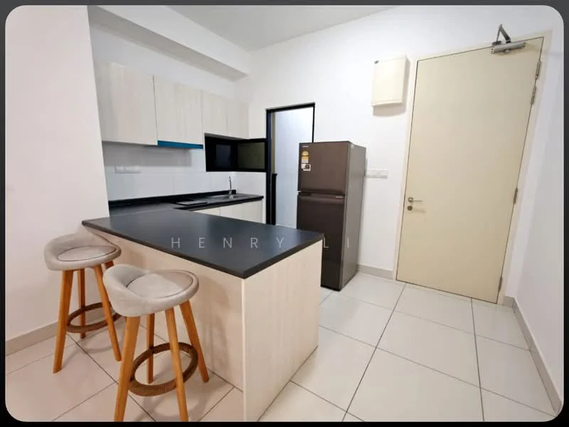 Kitchen features: white cabinetry, black countertop, single-bowl stainless-steel sink, chrome pull-down faucet, built-in microwave, fridge, ceramic tile flooring, wall-mounted TV, bar stools, open layout; style: modern.