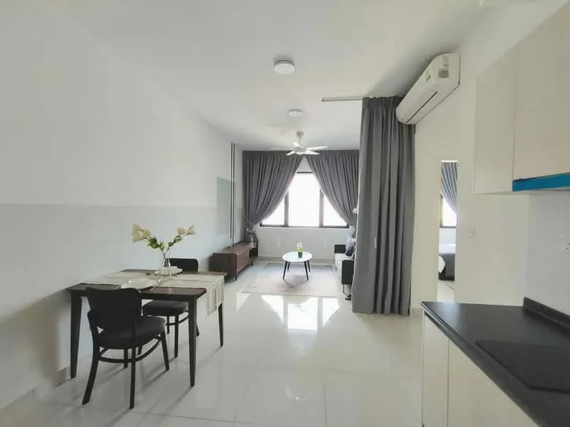 Living features: white painted walls, polished tile flooring, 5-blade ceiling fan with light, floor-to-ceiling windows, grey curtains, sofa in dark color, coffee table, area rug, dining table with 4 chairs, decorative plant on table, air conditioning unit; style: modern. Kitchen features: white cabinetry, black countertop, stainless-steel sink, built-in kitchen appliances; style: modern.