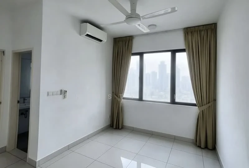Room features: white painted walls, glossy ceramic tile flooring, floor-to-ceiling windows, curtains in beige, 1 wall-mounted split AC, ceiling fan, city skyline view; style: modern; view: city.