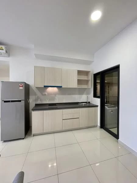 Kitchen features: light wood cabinetry, black countertop, stainless-steel fridge, single-bowl stainless-steel sink, chrome pull-down faucet, open shelving, ceramic tile flooring, recessed downlights, window with view of exterior, wall-mounted split AC; style: modern.