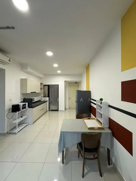 Kitchen features: white cabinets, grey countertop, stainless-steel fridge, built-in oven, freestanding microwave, ceramic tile flooring, recessed LED downlights, 1 wall-mounted split AC, dining table with grey tablecloth, 2 wooden dining chairs, white walls with red and yellow accent stripes; style: modern.