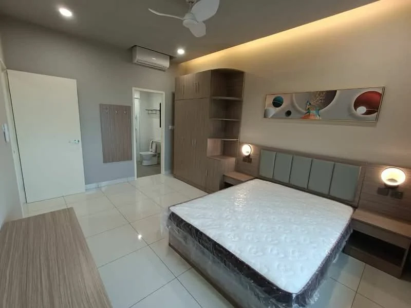 Bedroom features: queen-size bed with mattress, upholstered headboard, built-in wardrobe, wooden bedside tables, wall-mounted lamps, ceiling fan, white tiled flooring, painted walls in neutral color, decorative wall art, air conditioning unit, door leading to bathroom; style: modern.