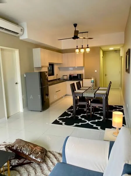 Living features: 3-seater fabric sofa in white, coffee table, area rug with geometric pattern, floor-to-ceiling windows, ceiling fan with light, wall-mounted split AC, decorative lamp, dining table for 6, black dining chairs, kitchen cabinetry in light wood, stainless-steel fridge, built-in oven, microwave, countertop with dark surface, white tiled flooring; style: modern.