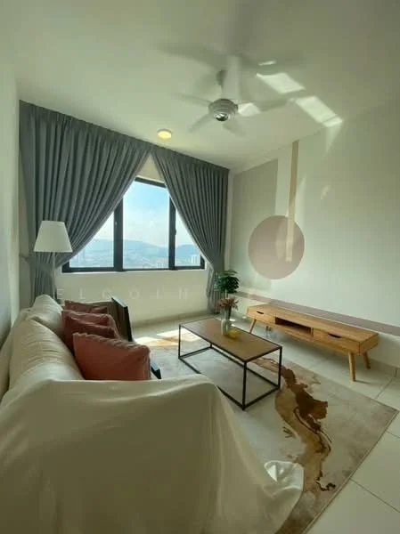 Living features: 3-seater fabric sofa in cream, decorative cushions in pink, coffee table with metal frame, area rug with abstract pattern, floor-to-ceiling windows, curtains in grey, ceiling fan with light, wall-mounted TV console in wood, decorative wall art, lampshade floor lamp; style: modern; view: city.