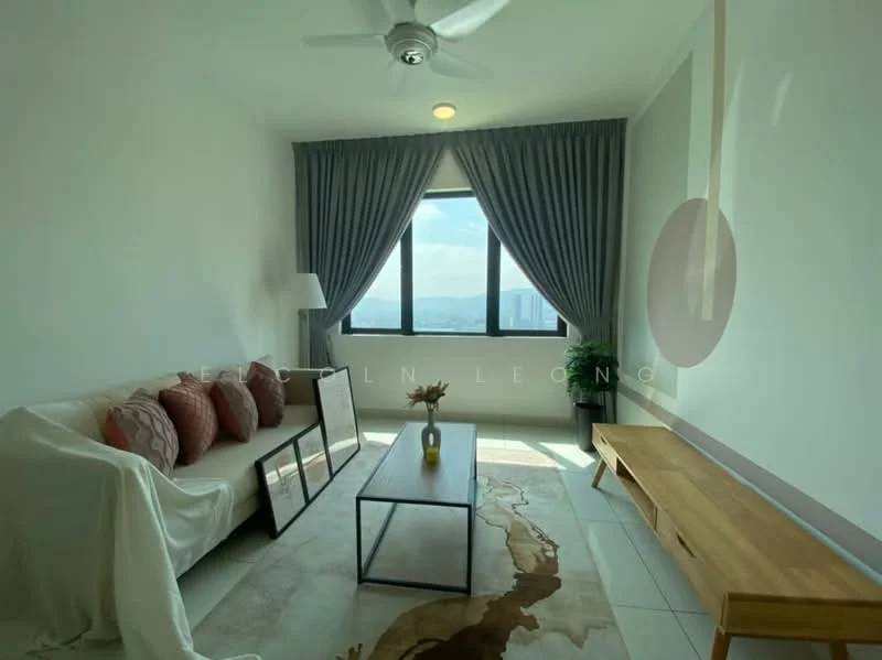 Living features: 3-seater fabric sofa in white, decorative cushions in various colors, coffee table with metal frame, area rug with abstract pattern, floor-to-ceiling window, curtains in grey, ceiling fan with light, wooden bench against the wall, decorative vase on coffee table, wall-mounted artwork, neutral painted walls, tile flooring; style: modern; view: city.