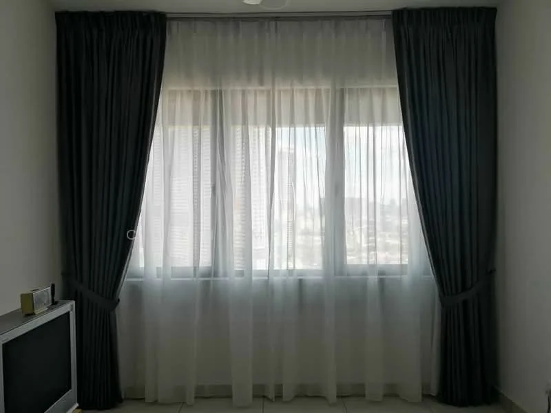 Room features: floor-to-ceiling window, sheer white curtains, dark grey drapes, white walls, tile flooring, city view; style: modern; view: city.