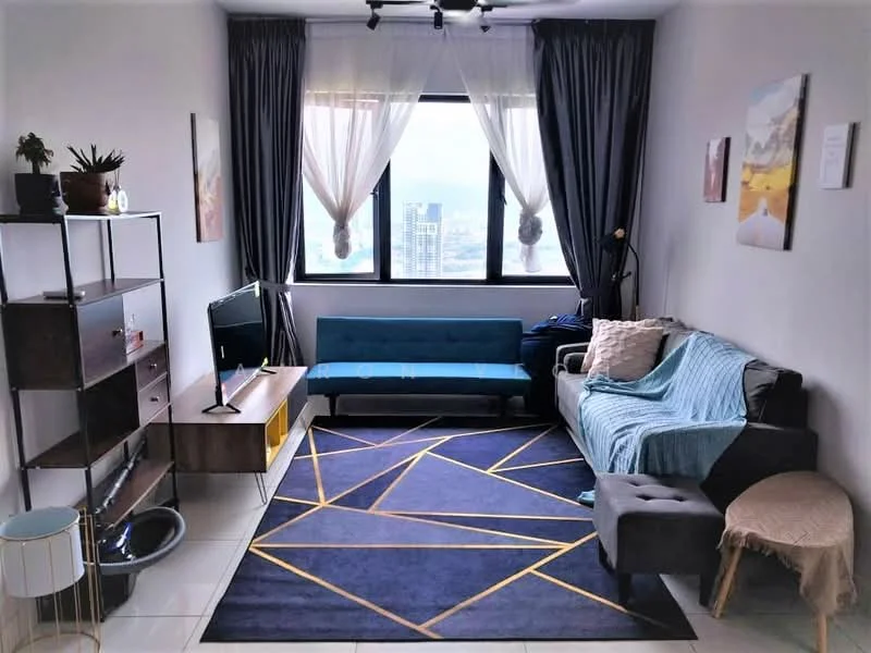 Living features: grey fabric sofa, blue fabric sofa, coffee table, TV console, wall-mounted TV, area rug with geometric pattern, floor-to-ceiling windows, sheer curtains, decorative wall art, potted plants, throw blanket, cushions, white painted walls, tile flooring; style: modern; view: city.