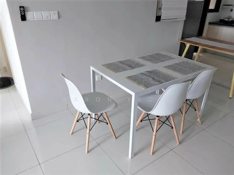 Dining features: white dining table, 4 white chairs with wooden legs, grey placemats on table, glossy tile flooring, neutral wall color, minimalist decor, natural light from window, open layout to kitchen; style: modern.