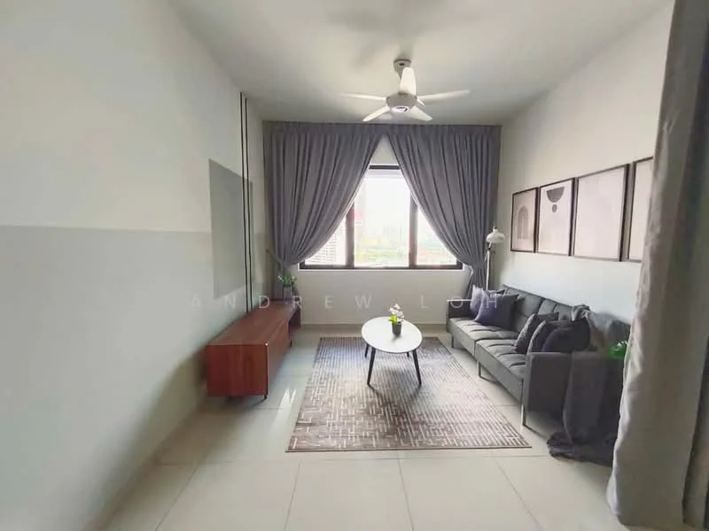Living features: 3-seater fabric sofa in grey, coffee table, area rug with geometric pattern, floor-to-ceiling window, sheer curtains, 5-blade ceiling fan with light, wooden sideboard, decorative plants, wall-mounted TV, framed artwork; style: modern; view: city.